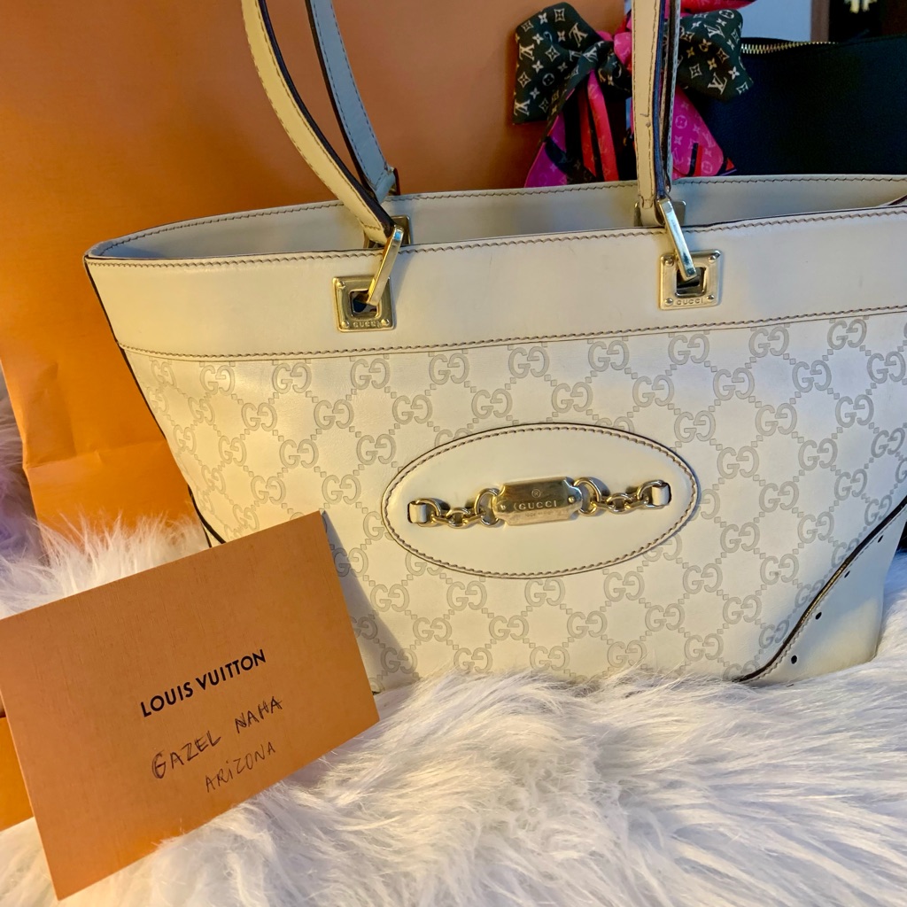Gucci Guccissima Off White Leather Gg Canvas Tote